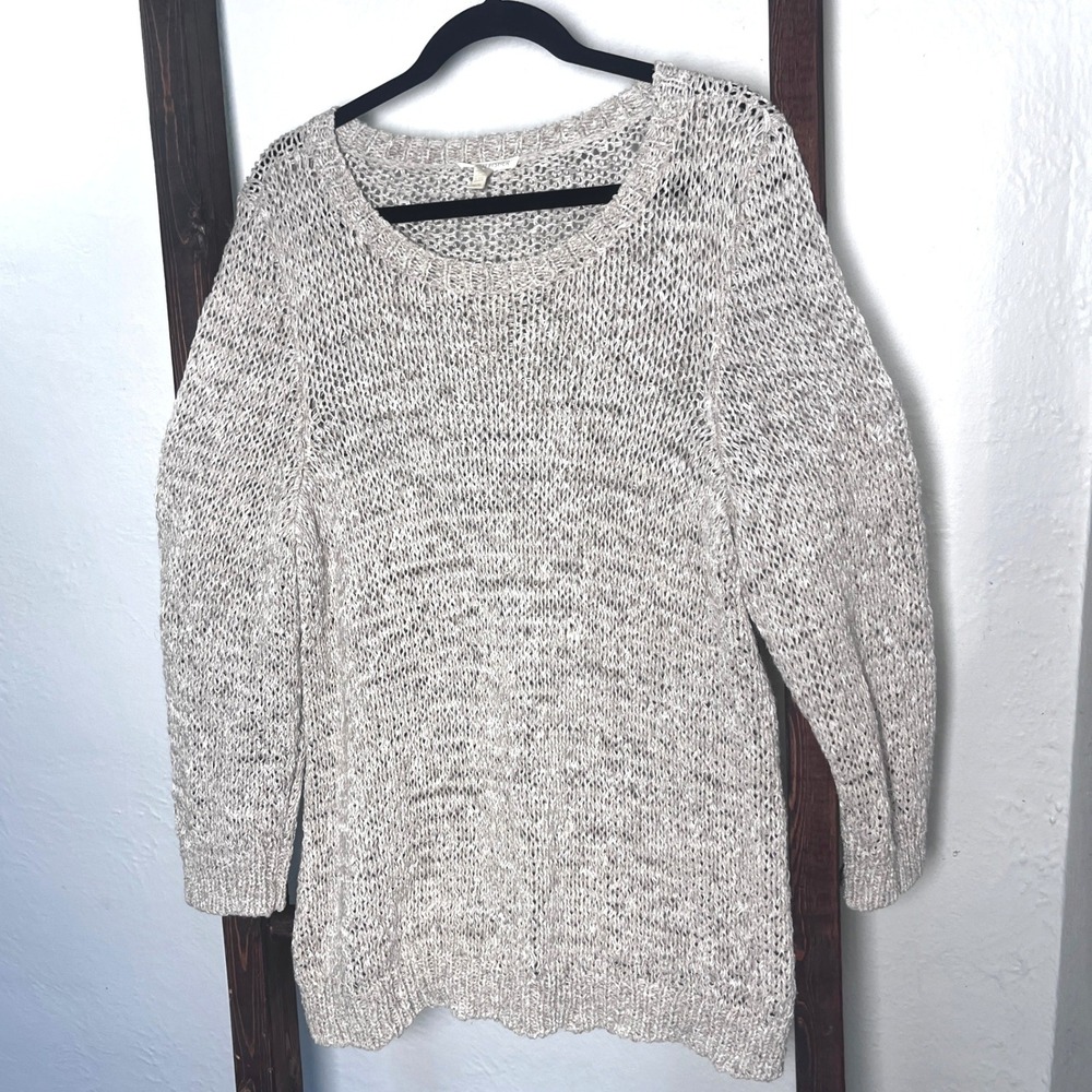 Eileen Fisher Beige Linen Blend Open Stitch Tape Yarn Sweater Medium Marl Knit